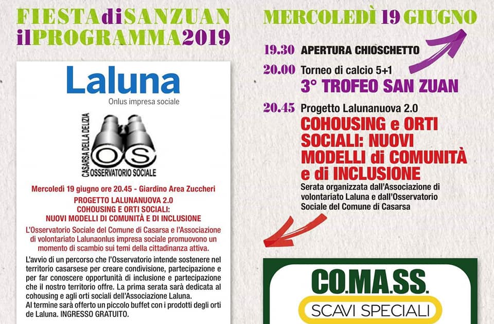 19 giugno - Cohousing e orti sociali:  Laluna e l'Osservatorio Sociale lanciano nuovi modelli di comunità e di inclusione