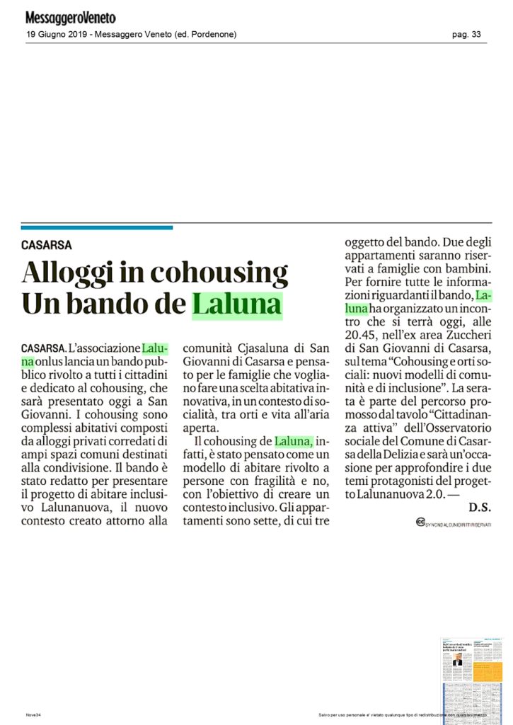 2019 06 19 Messaggero Veneto ed. Pordenone pag.33 page 0001 725x1024 - Cohousing Laluna