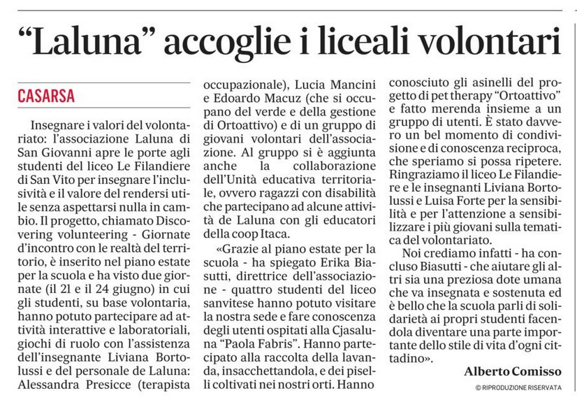 Gazzettino 07.07.2021 Volontariato Le Filandiere - Volontariato liceo le Filandiere