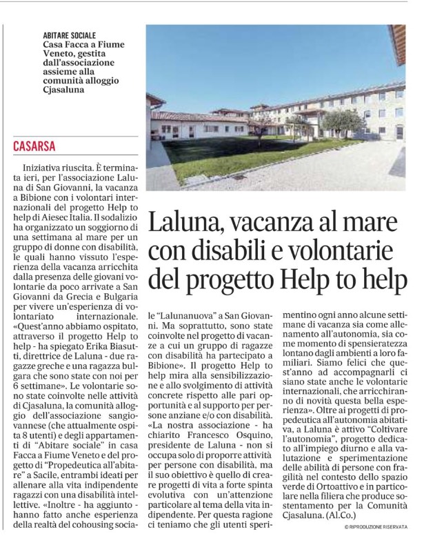 Il Gazzettino 15.08.2021 Help to Help 1ediz vacanza al mare - Help2Help prima edizione