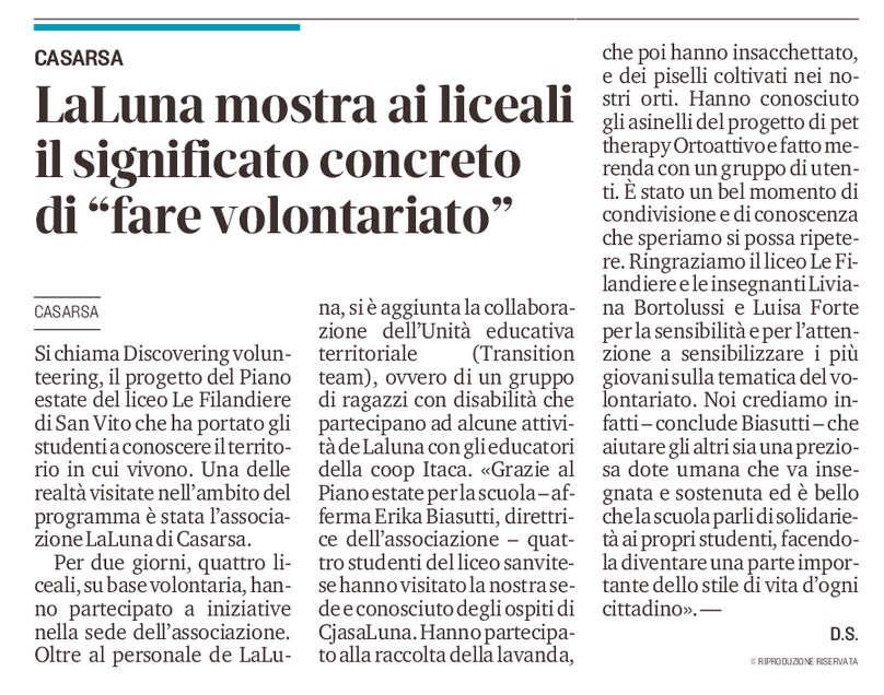 Il Messaggero 08.07.2021 Volontariato Le Filandiere - Volontariato liceo le Filandiere