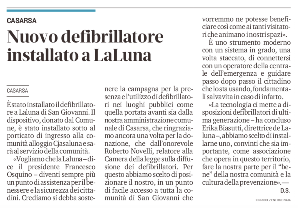 Messaggero Veneto 21.10.2021 Defibrillatore 1024x715 - Nuovo defibrillatore