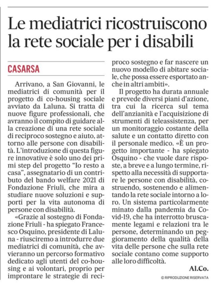 Avvio cohousing Il Gazzettino 05.01.2022 745x1024 - Rassegna Stampa Avvio Cohousing Katia e Azzurra