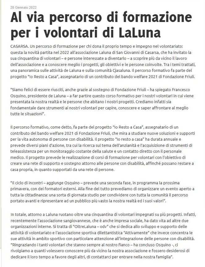 Formazione volontari Friulionline 28.01.2022 - Rassegna Stampa Formazione Volontari