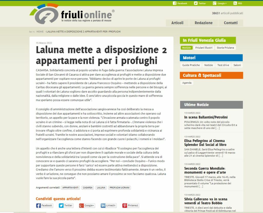 Friulionline 15.03 accoglienza ucraini 1024x831 - Rassegna stampa accoglienza ucraini