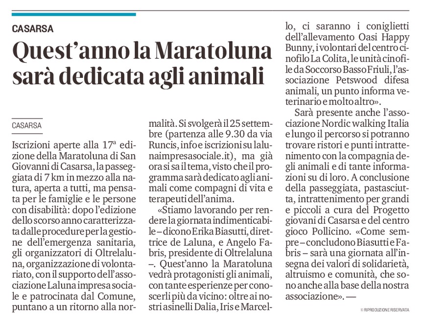 Maratoluna Messaggero Veneto 25.08.2022 - Rassegna Stampa Maratoluna 2022