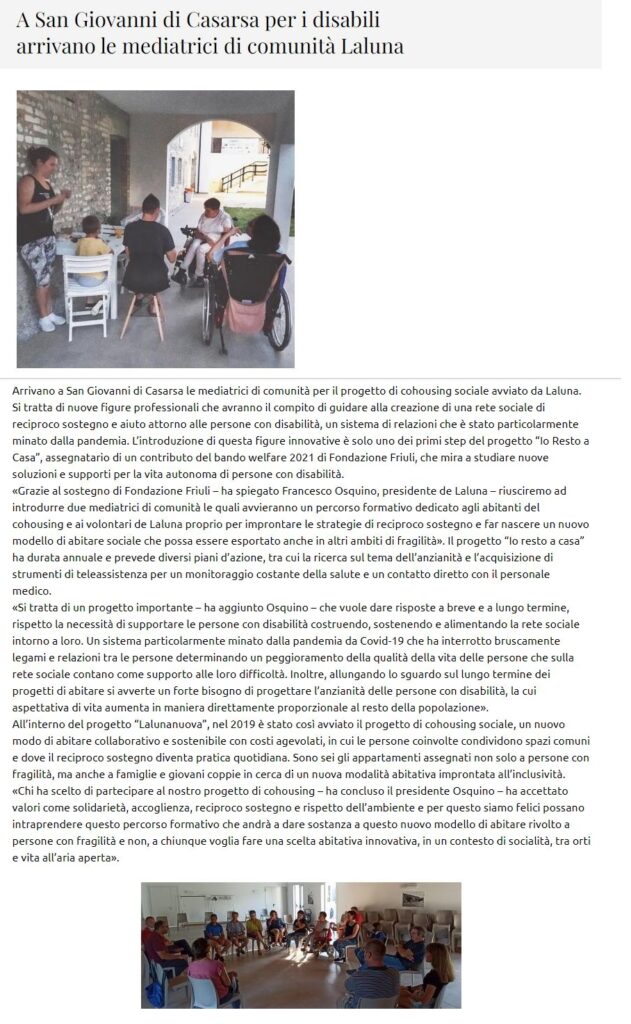mediatrici comunità FriuliFVG 15.01.2022 631x1024 - Rassegna Stampa Avvio Cohousing Katia e Azzurra
